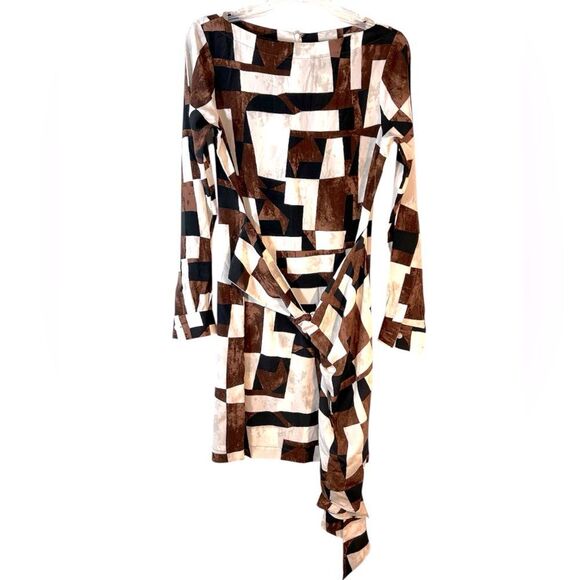 Worth petite ladies dress brown black off white sheath faux wrap silk career - Picture 1 of 13